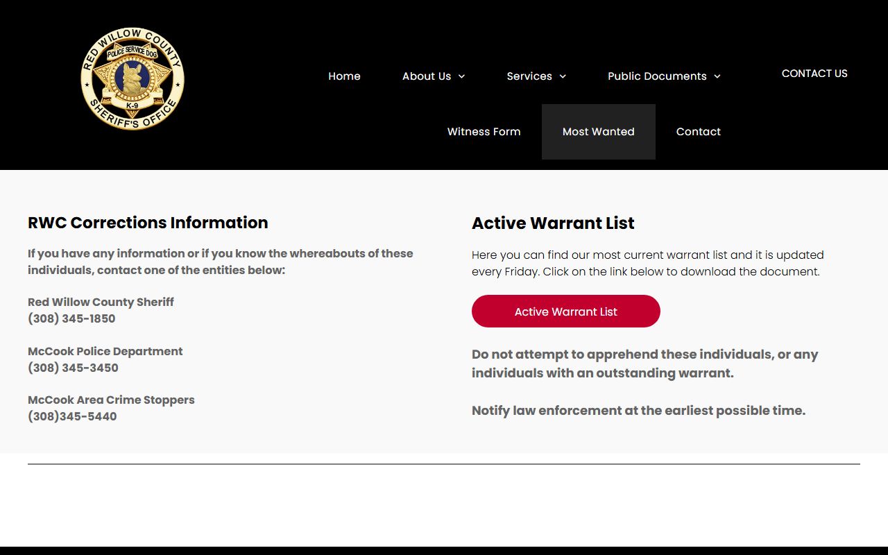 Red Willow County jail mugshots active warrant page context